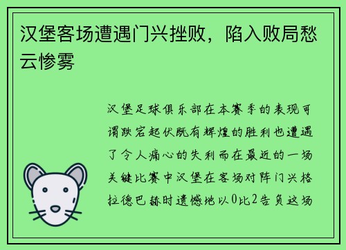 汉堡客场遭遇门兴挫败，陷入败局愁云惨雾