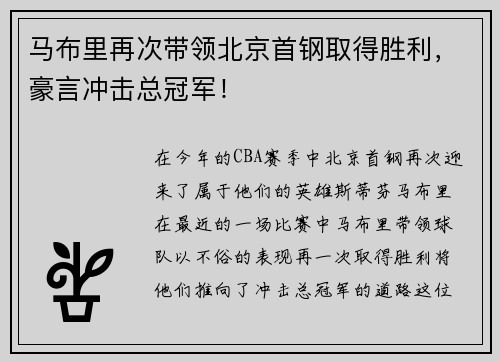 马布里再次带领北京首钢取得胜利，豪言冲击总冠军！