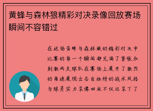 黄蜂与森林狼精彩对决录像回放赛场瞬间不容错过